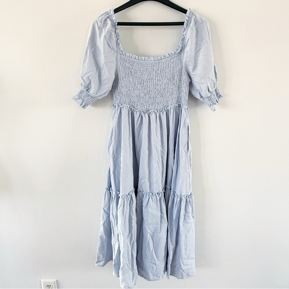 Miami Women Chambray Linen Cotton Milkmaid Midi Dress Large Cottagecore Prairie